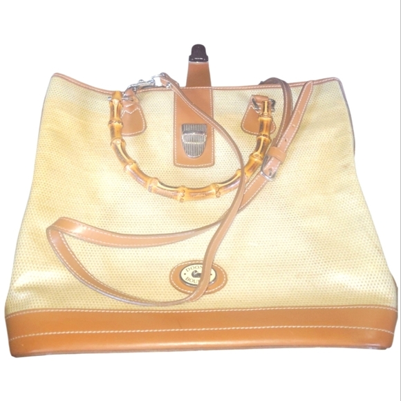 Dooney & Burke 70's Vintage Panama Collection Bamboo Handle Tan and Cream Bag - Picture 9 of 11